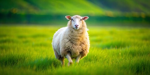 Obraz premium A Serene Long Exposure of a Lone Sheep in a Lush Field, Showcasing Soft, Warm Wool as She Walks Gracefully Towards the Camera Capturing Nature's Tranquility and Beauty