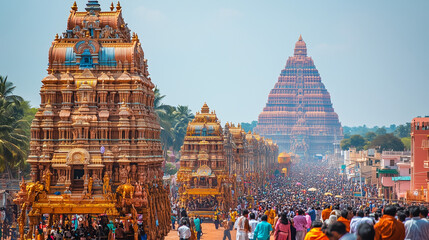 Hinduswamy Chariot Festival, a procession of large colorful floats lifted by young people, the streets are full of people dressed in traditional clothes, Ai generated images