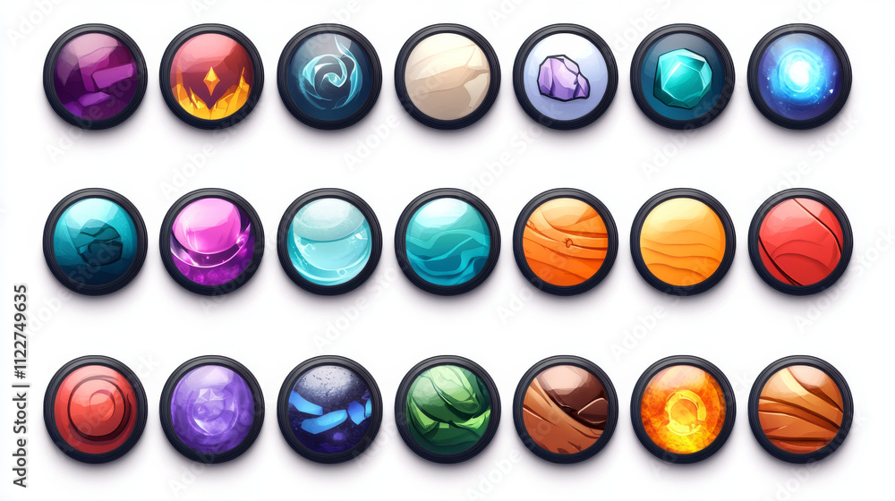 Poster colorful round, circle buttons set. vector assets for web or game design, app buttons, icons templat