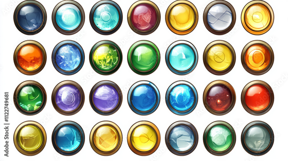 Poster colorful round, circle buttons set. vector assets for web or game design, app buttons, icons templat