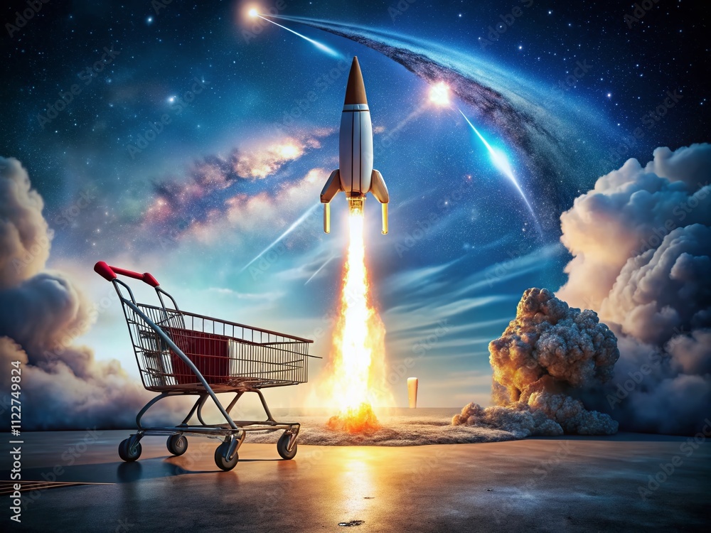 Poster a shopping cart with a rocket launching into space, representing the future of innovation in commerc