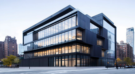 Obraz premium Urban Multi-Story Office Complex with Full Glass Facade for Modern Workspaces