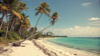 Obraz premium Vintage postcard-style illustration of a tropical beach with swaying palms and turquoise water, palm, ocean