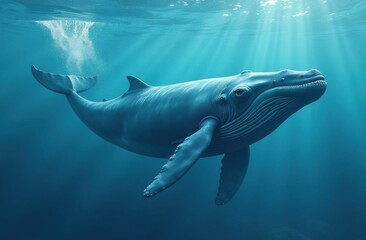 Blue whale is swimming in ocean. Whale is large and majestic, and water is calm and clear. Undersea life.