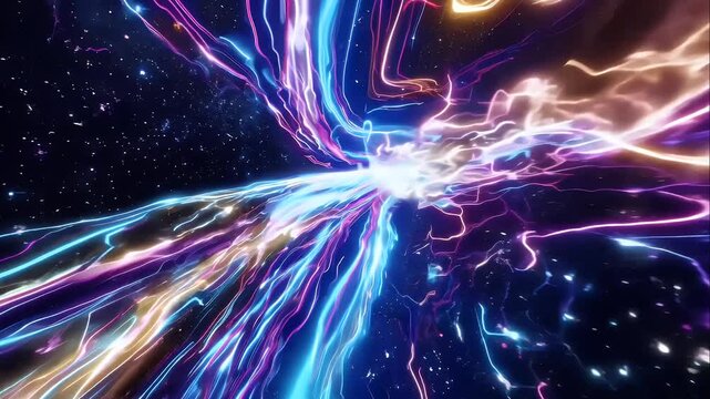 Space warp tunnel, neon blues and purples forming a hyperjump effect, galaxy backdrop