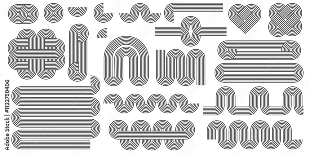 Aufkleber abstract shapes with line pattern. vector retro arch and geometric waves on white background. organi