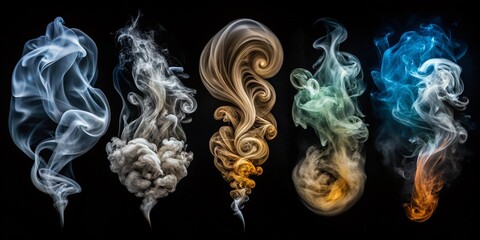 Fototapeta premium A Stunning Collection of Six Unique Swirling Smoke and Steam Patterns Isolated on Black Background for Creative Overlays and Surreal Photography Projects