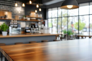 Fototapeta premium Cozy Modern Café Interior with Wooden Table