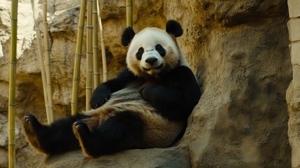 Obraz premium Giant panda relaxing on rock, surrounded by bamboo.