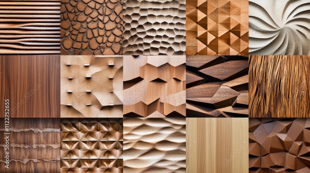 Aufkleber modular wood texture panels with geometric designs, blending functionality with innovative aesthetic