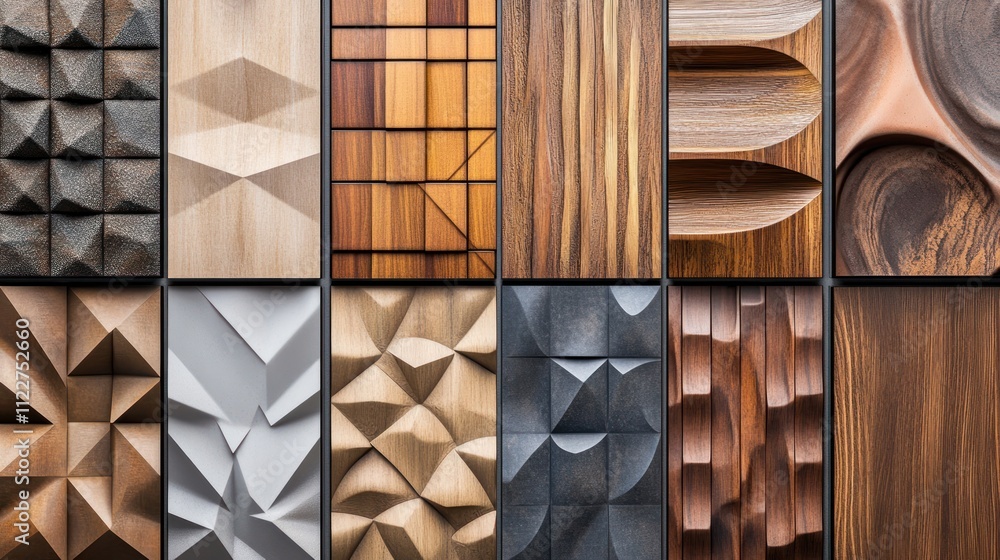 Poster modular wood texture panels with geometric designs, blending functionality with innovative aesthetic