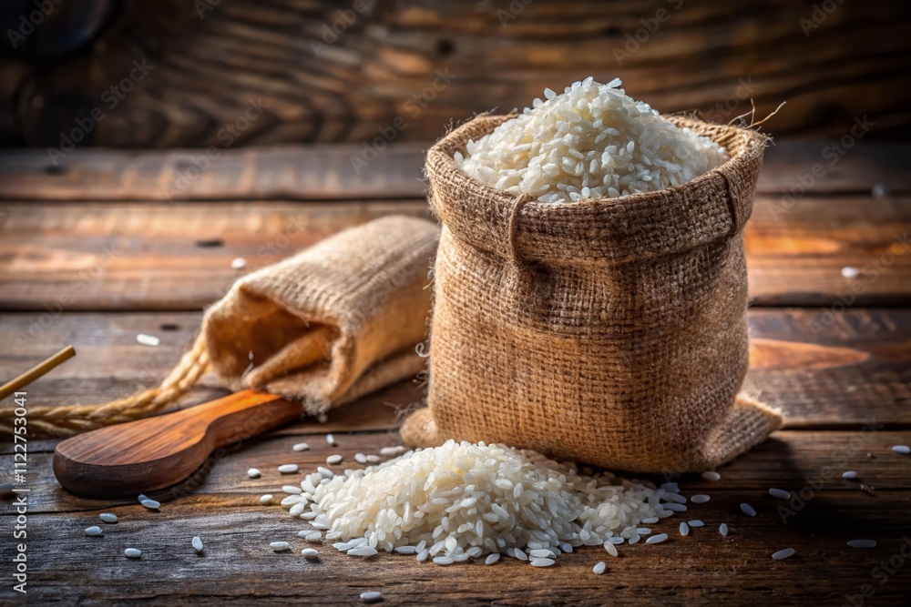 Poster a tranquil scene of white rice in a burlap sack on a rustic table, highlighting the simplicity and n