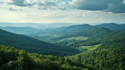 Obraz premium Mountain landscape background showcasing rolling hills and forested areas.
