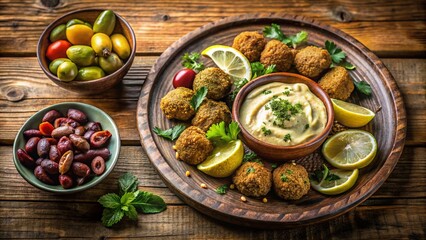 Authentic Mediterranean Feast: A Plate of Homemade Dishes Featuring Falafel, Hummus, Olives, and Lemon Wedges Celebrating Local Restaurant Cuisine and Homecooked Meals