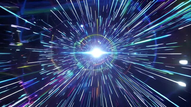 High-definition hyperjump through a cosmic tunnel, dark space with streaking lights