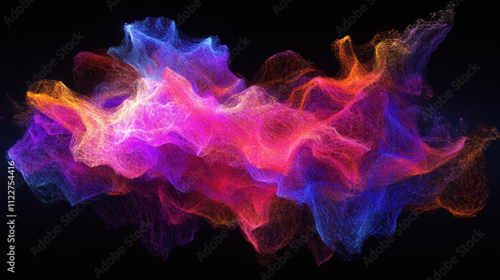 Poster particle mesh network with vibrant colors, emphasizing creativity and uniqueness.