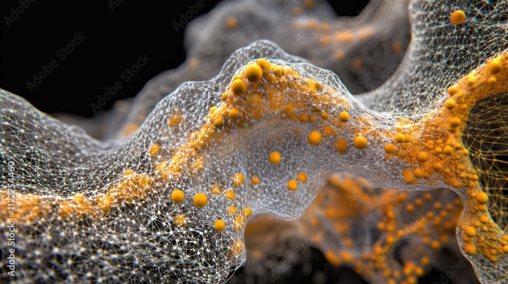 Poster particle mesh network with intricate details, suitable for professional tech presentations.