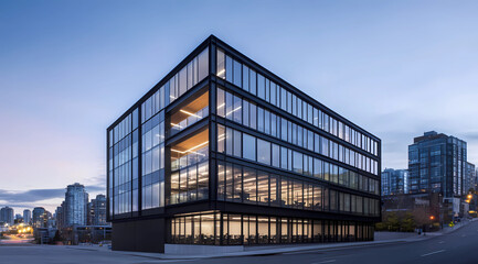 Obraz premium Contemporary office complex featuring expansive glass windows and modern aesthetic