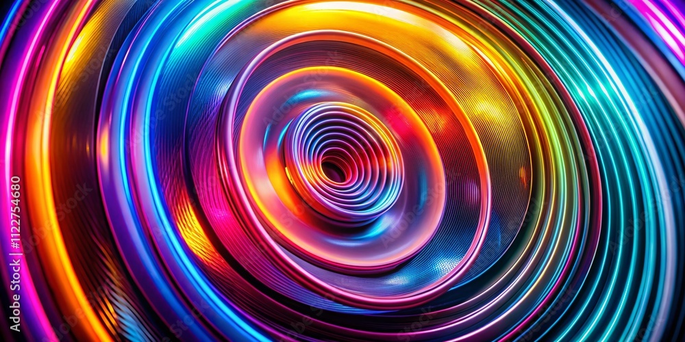 Poster a vibrant deconstructed abstract design featuring circular and spiral patterns in contrasting neon c
