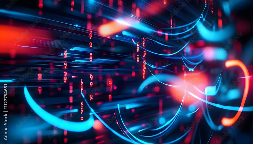 Poster abstract digital interface with blue and red glowing lines and data