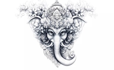 Fototapeta premium Drawing pencil sketch of Ganesha black and white. Ganesha illustration in intricate Balinese tattoo style, showcasing detailed linework and divine ornamentation