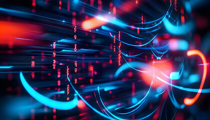 Abstract Digital Interface with Blue and Red Glowing Lines and Data