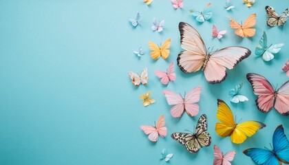 Flat lay, Spring concept of small butterflies on pastel background. Colorful beautiful butterflies