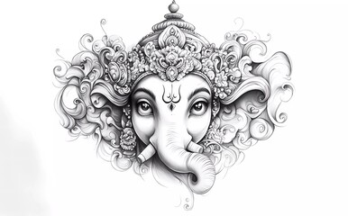 Drawing pencil sketch of Ganesha black and white. Elegant Ganesha drawing in detailed Balinese tattoo style, ideal for cultural and spiritual themes