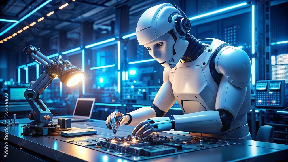 Poster a white robot with a blue arm working diligently on a computer chip in a brightly lit room filled wi