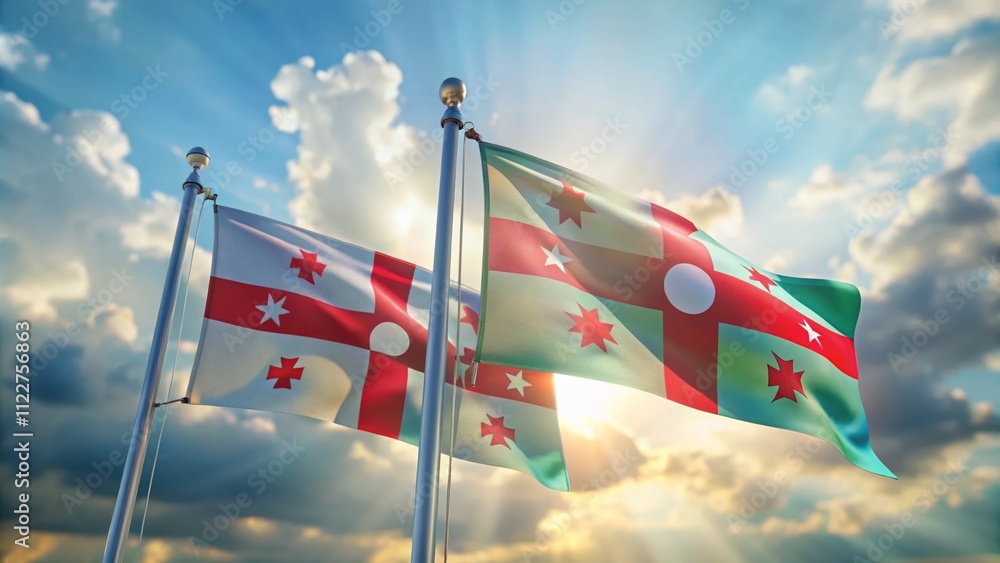 Poster azerbaijan and georgia flags waving together on flagpoles with bokeh effect in stunning quality, per
