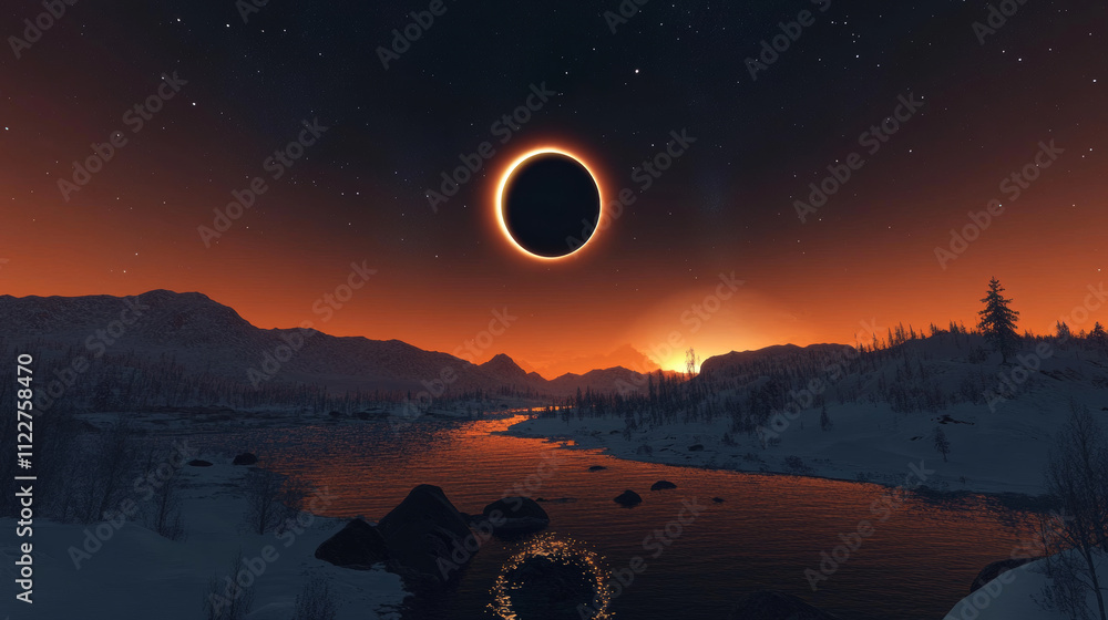 Poster solar eclipse. realistic template of planets in dark universe decent vector effects of solar eclipse