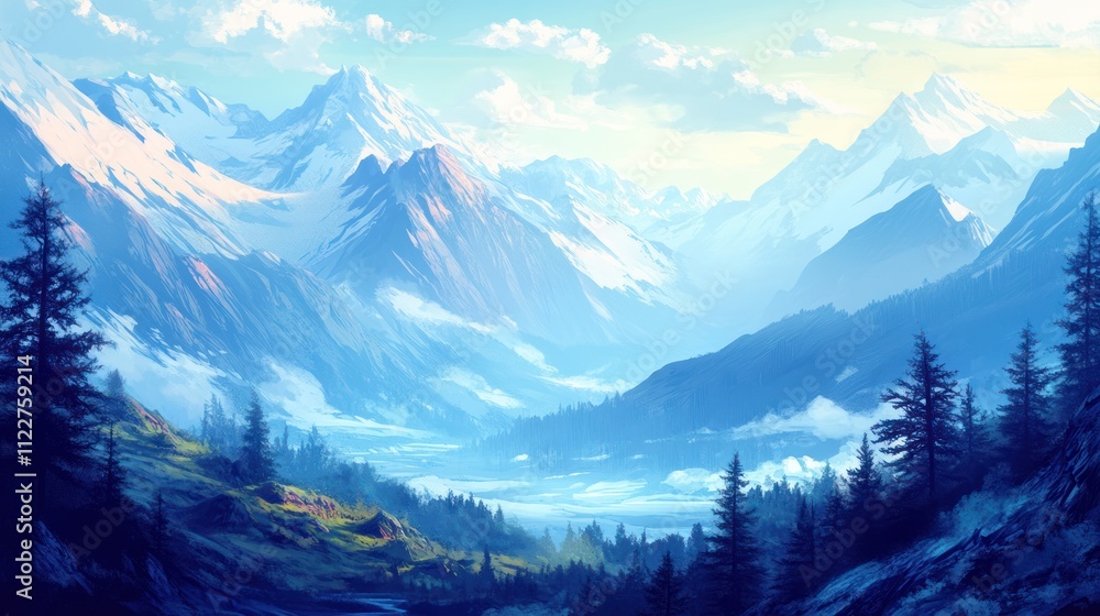 Poster dynamic mountain views with soft lighting, creating a harmonious visual effect.