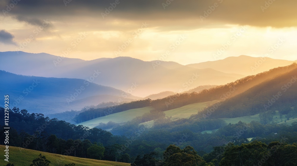 Poster dynamic mountain views with soft lighting, creating a harmonious visual effect.