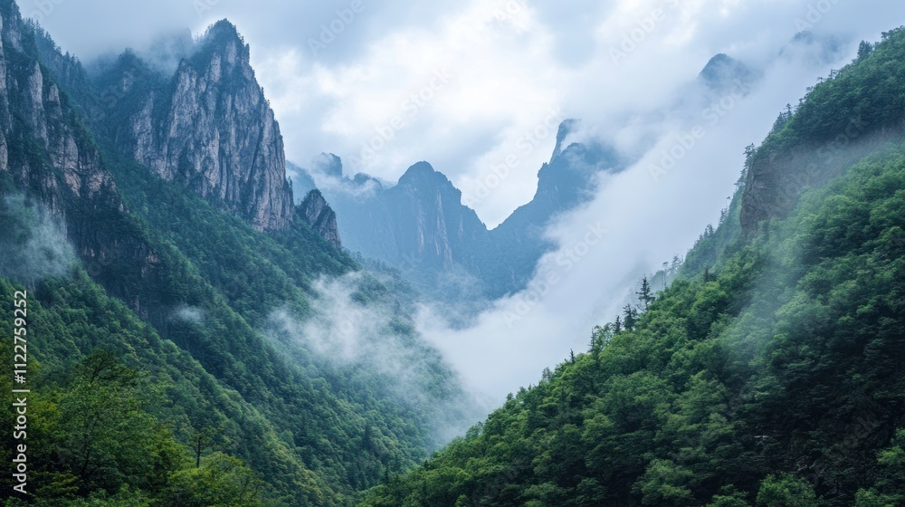Poster dynamic mountain views with soft lighting, creating a harmonious visual effect.
