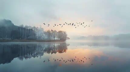 Birds gathering at the edge of a lake, reflected in the water below.