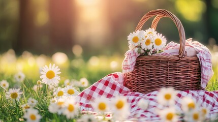 Picnic basket filled with daisies on a checkered blanket in a meadow at sunset.
