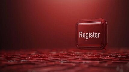 register or signup concept. Red registration button on a glossy surface.