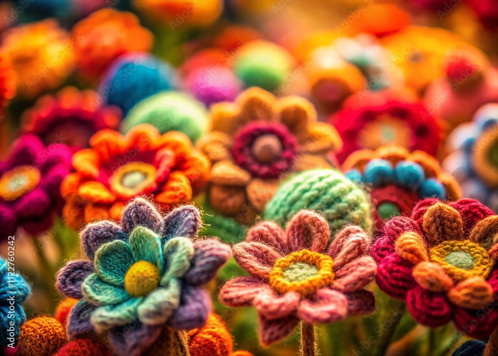 Poster beautiful tilt-shift photography of a colorful flower pattern knitted from soft woolen yarn, showcas