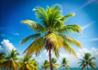 Beautiful Tilt-Shift Photography of an Isolated Coconut Tree Against a Clear Sky Perfect for Tropical Vibes, Nature Themes, and Relaxation Imagery in Stock Photography