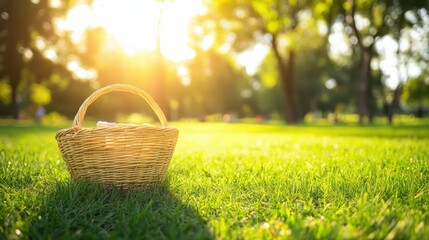 Picnic basket on a grassy park lawn at sunset.