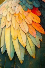 A close up of a colorful bird's feathers on a wooden surface