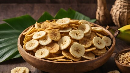 Banana chips in a wooden bowl, surrounded by tropical leaves, showing a healthy snack alternative