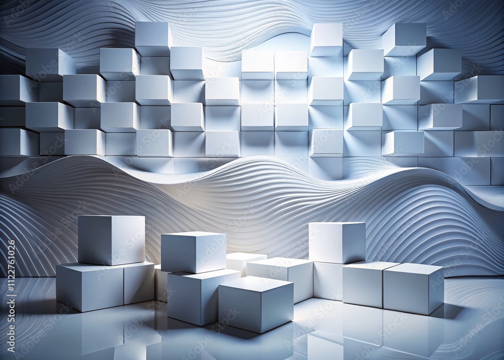 Poster bend white cube boxes with block wave background in portrait photography style for wallpaper and ban