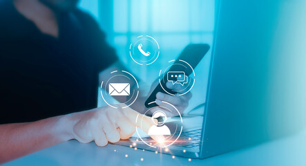 Customer support hotline people connect. Man using a smartphone with contact icon. Contact us...