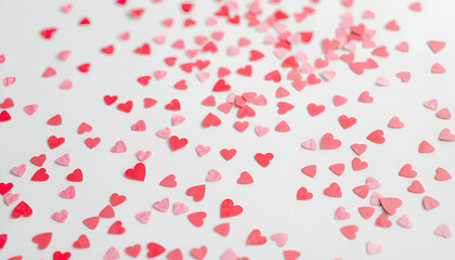 Obraz premium Colorful heart-shaped confetti scattered on white background for Valentine's Day celebration