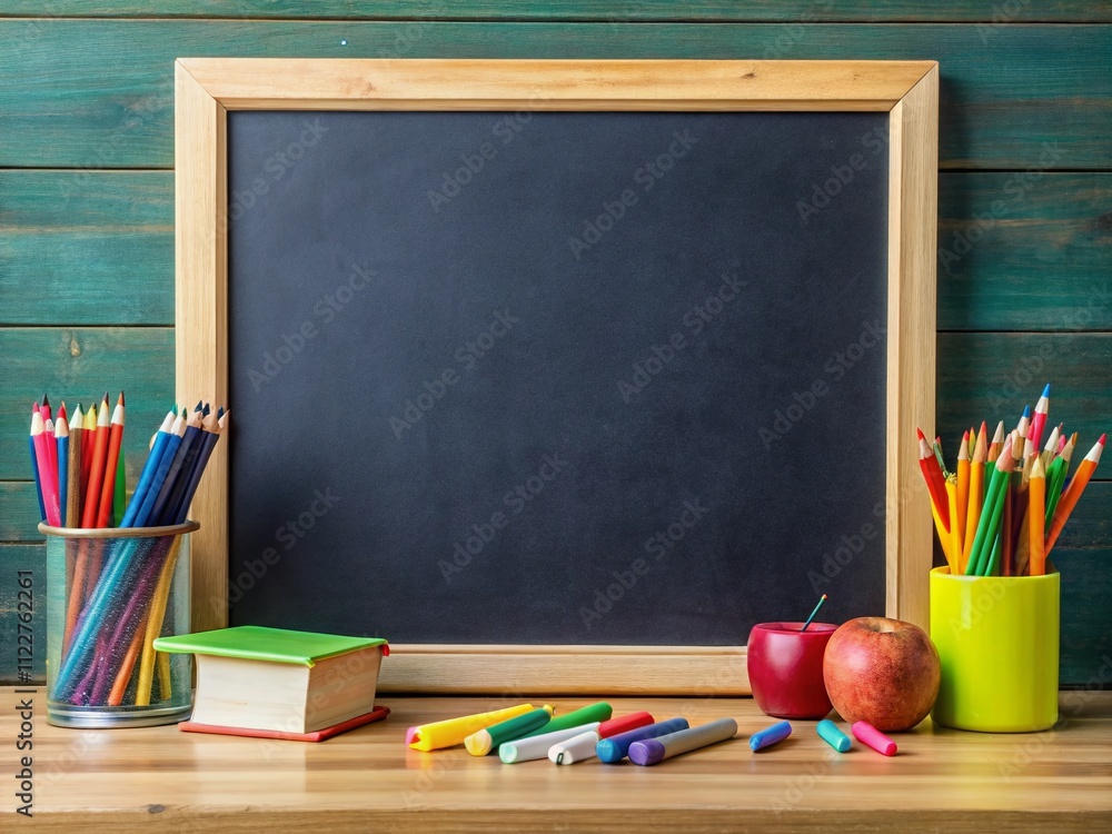 Poster blackboard with chalk and educational tools on the left side, ample copy space for text and illustra