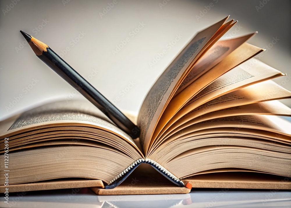 Poster black pencil on an open book: a close-up image capturing the essence of learning and creativity for 