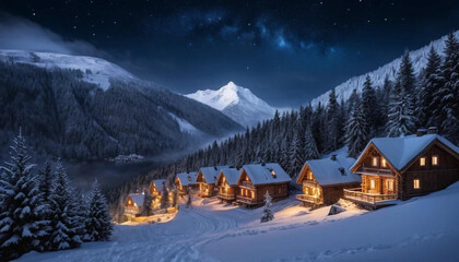 Fototapeta premium Nestled in snowy mountains, a cozy village glows under holiday lights and a starlit sky, with spruce trees and gentle fog painting a scene of winter magic and warmth.