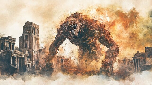 Monstrous Creature Looms Over Desolate City Ruins