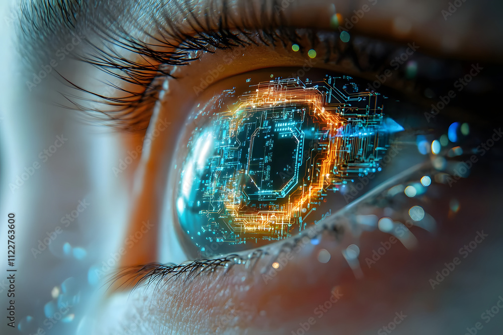 Poster futuristic digital eye close-up with circuit patterns generative ai image